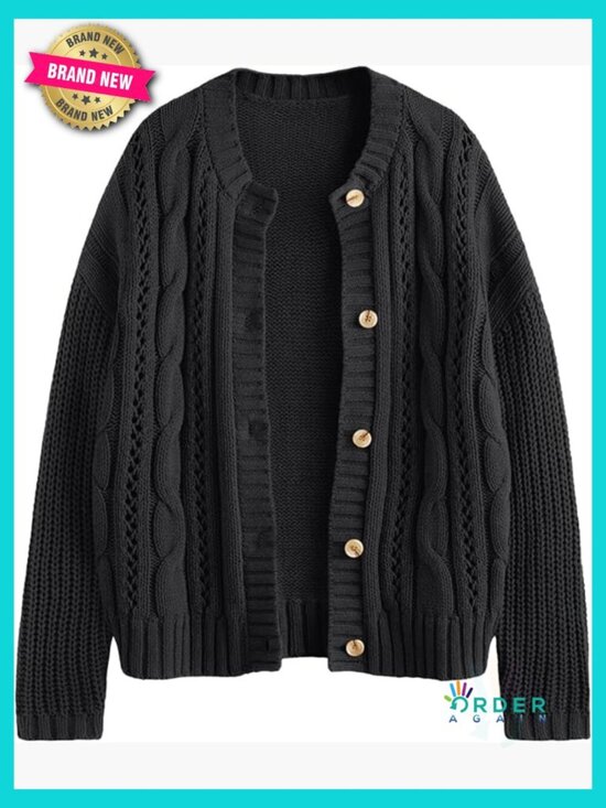Sweaters - Cable Knit Crochet Cardigan Button Up Chunky Fall Jacket